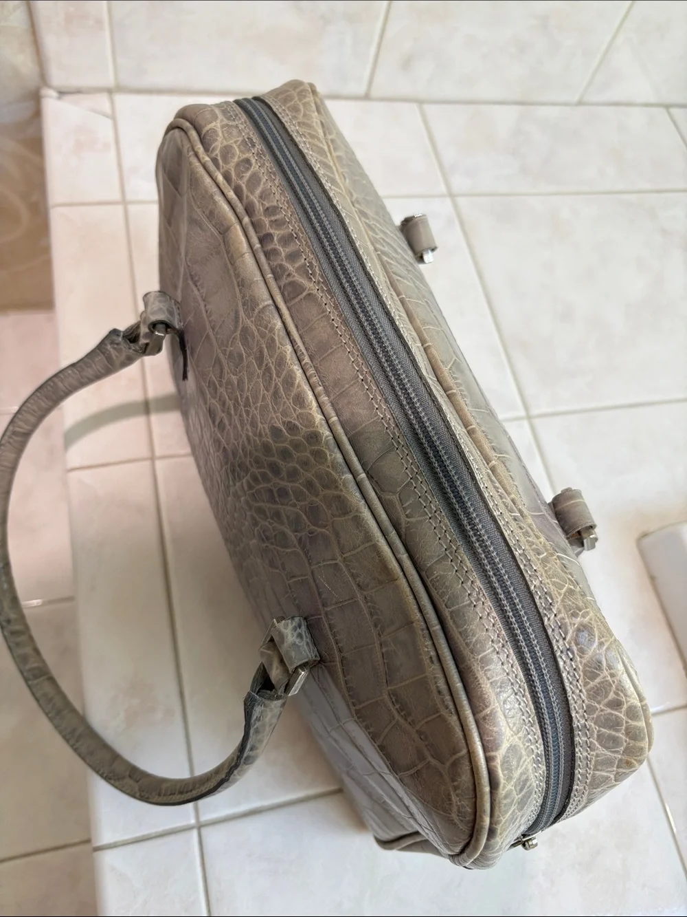Tanner, Made in Italy ,Croc-Embossed Taupe/Gray Leather Top-zip Satchel